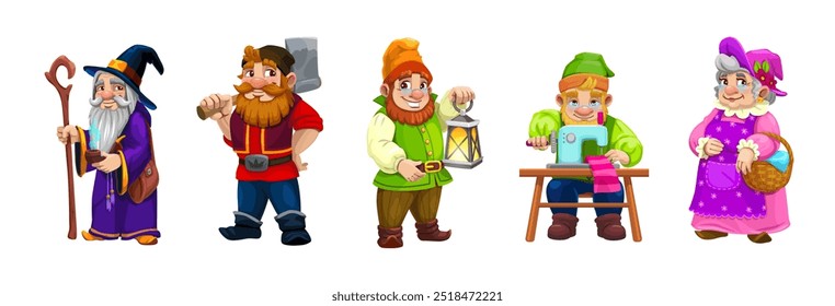 Personajes enanos de gnomo de dibujos animados de minero, leñador y sastre, personajes de cuentos de hadas de Vector. Trabajadores de gnomos o enanos, mago con bastón mágico, mujer jardinera con cesta para niños personajes de dibujos animados