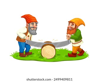 Cartoon gnome dwarf characters sawing a log with saw. Fairytale lumberjack or logger garden gnome vector personages. Cute fantasy dwarfs in magic hats sawing wood tree trunk, firewood harvesting scene