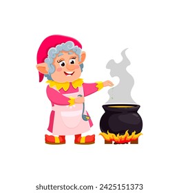 Cartoon gnome or dwarf female character cheerfully stirs a magical concoction in a pot. Isolated vector imaginative woman personage, donned in a colorful hat, dress and apron, cooking enchanting meal