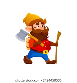 Cartoon gnome or dwarf lumberjack character Isolated vector personage with a bushy beard, red shirt, and an oversized axe, exuding charm and mischief while bringing a touch of woodland magic to life