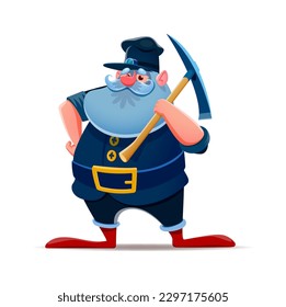 Caricatura gnome personaje minero enano con pickaxe, vector hombre cuento de hadas. Trabajador minero enano o gnomo elf con mate para la minería del tesoro, niños cuento de hadas personaje de dibujos animados o criatura fantasía