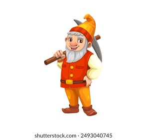 Cartoon gnome dwarf miner character with kyle. Isolated vector robust elf personage with twinkle in his eye, carrying hefty pickaxe over his shoulder, dressed in a bright orange and red mining outfit