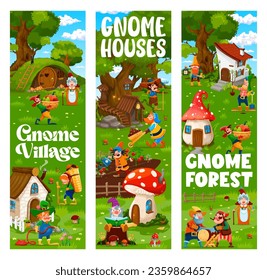 Cartoon gnome and elf characters at fairytale village. Vertical banners or vector posters with fairy creature houses and dwellings, funny gnomes or hobbits personages working on farm and garden