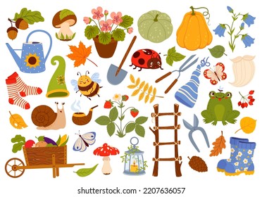 Cartoon gnome, elf and dwarf garden tools, animals and plants. Vector mushrooms, fairy lantern, watering can and flowers, spade, wheelbarrow and boots, frog, bee, butterfly, leaves, pumpkin and acorn