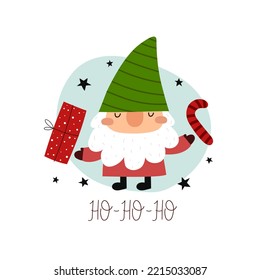 Cartoon gnome, hand drawing lettering, décor elements. holiday theme. Colorful vector illustration, flat style. design for greeting cards, print, poster