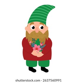 Cartoon Gnome Holding a Flower Bouquet