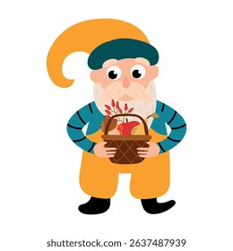 Cartoon Gnome Holding Harvest Basket Illustration. White background, isolate

