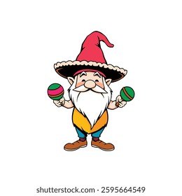 Cartoon Gnome Holding Maracas Wearing Mexican Hat Isolated Art