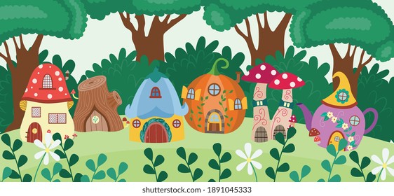 Cartoon gnome house village banner - cute fantasy forest buildings in vegetable and mushroom shapes for fairytale characters. Vector illustration of adorable dwarf homes