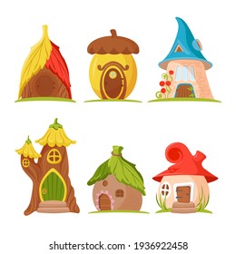 Cartoon gnome houses set on white. Fantasy fairy tale illustrations. Magic home. Vector