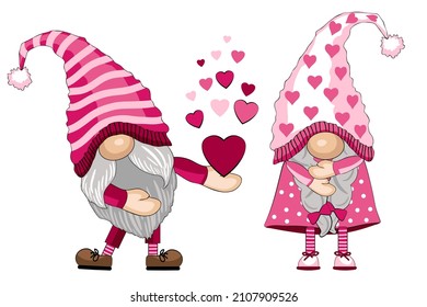 Cartoon gnome in love gives heart and love to girl gnome. Vector illustration