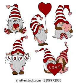 Cartoon gnome in love gives heart and love. Vector illustration set for Valentines day