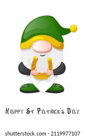 Cartoon gnome luck with horseshoe for St. Patrick's Day. Vector illustration postcard banner with festive dwarf and inscription.