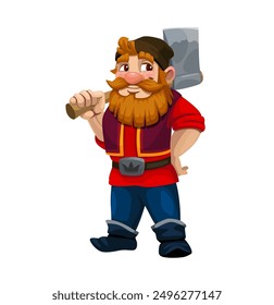 Cartoon gnome lumberjack or woodcutter character. Isolated vector dwarf personage with bushy beard and red shirt, holding an oversized axe over his shoulder, exuding fairytale charm and woodland magic