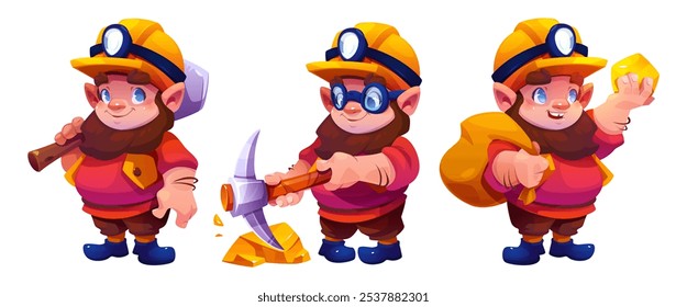 Vector de mineros de gnomo de dibujos animados en tres poses: sostiene pico, extrae oro con herramienta, lleva saco y pepita. Los personajes con expresiones alegres usan cascos amarillos, camisas rojas y pantalones marrones.