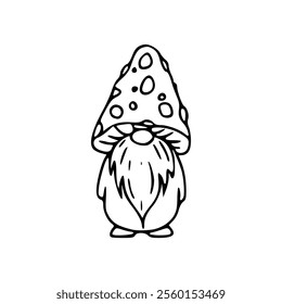 A cartoon gnome with a mushroom hat on his head