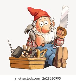 Cartoon gnome with red hat, holding a saw, surrounded by tools. Gnome with tools, red hat, and saw. Playful gnome illustration with a toolbox and tools. Vintage character art illustration vector.