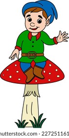 Cartoon Gnome Sits on a Mushroom. Vector Illustration Funny Gnome Waving His Hand