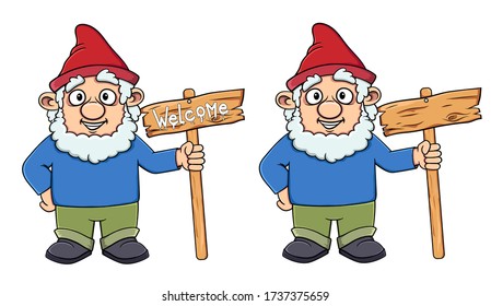 Cartoon gnome smiling with a welcome sign in his hands. Vector isolated on white background. Stock illustration