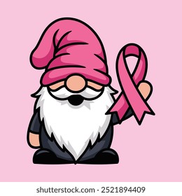 Cartoon gnome supporting breast cancer awareness with pink ribbon