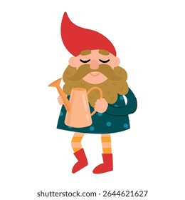 Cartoon Gnome with Watering Can Illustration. White background, isolate
