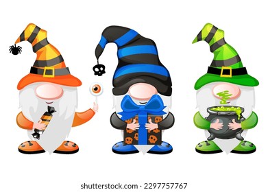 Cartoon Gnomes with with the candy, gift and pot. Halloween leprechaun characters