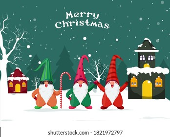 Cartoon Gnomes Character with Candy Cane and Snowy Houses on Winter Landscape Background for Merry Christmas Celebration.