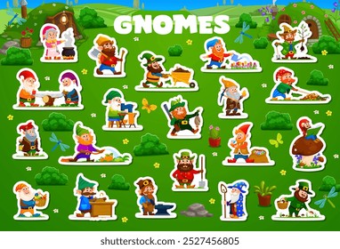 Gnomos de dibujos animados y enanos personajes pegatinas, Vector de cuento de hadas trabajadores de la aldea. Gnomos o pequeños enanos pegatinas con jardinero o agricultor, minero duende y herrero o carpintero y cazador