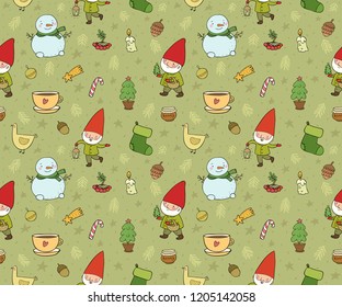 Сute cartoon gnomes. New Year's pattern. Christmas elves. Vector illustration.