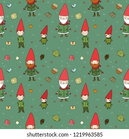 Сute cartoon gnomes. New Year's pattern. Christmas elves. Vector illustration.