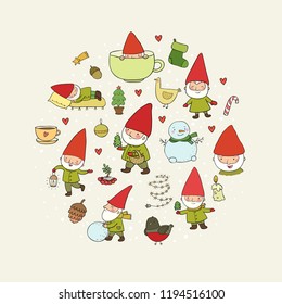 Сute cartoon gnomes. New Year's set. Christmas elves. Vector illustration.