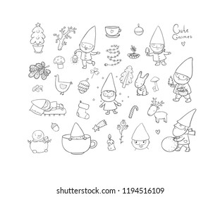 Сute cartoon gnomes. New Year's set. Christmas elves. Vector illustration.