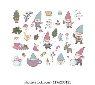 Сute cartoon gnomes. New Year's set. Christmas elves. Vector illustration.