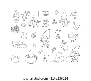Сute cartoon gnomes. New Year's set. Christmas elves. Vector illustration.