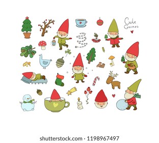 Сute cartoon gnomes. New Year's set. Christmas elves. Vector illustration.