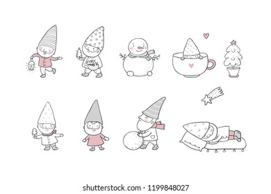 Сute cartoon gnomes. New Year's set. Christmas elves. Vector illustration.
