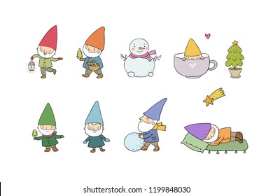 Сute cartoon gnomes. New Year's set. Christmas elves. Vector illustration.