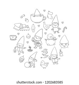 Сute cartoon gnomes. New Year's set. Christmas elves. Vector illustration.