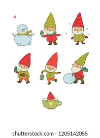 Сute cartoon gnomes. New Year's set. Christmas elves. Vector illustration.