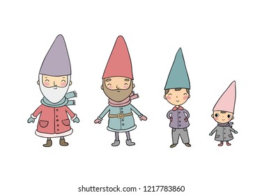 Сute cartoon gnomes. New Year's set. Christmas elves. Vector illustration.