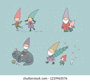 Сute cartoon gnomes. New Year's set. Christmas elves. Vector illustration. ice-skate. Christmas tree
	
