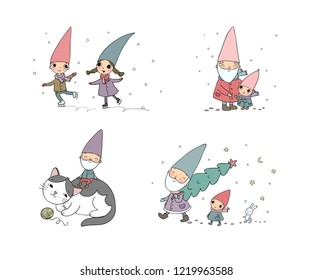 Сute cartoon gnomes. New Year's set. Christmas elves. Vector illustration. ice-skate. Christmas tree
	
