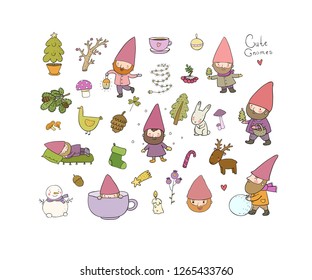 Сute cartoon gnomes. New Year's set. Christmas elves. Vector illustration. Vector 