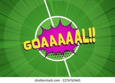 Cartoon goal soccer bubble on green stadium field vector background. Halftone football playground with circles texture template. ESP10