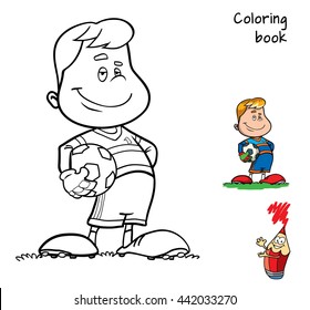 Cartoon goalkeeper with a ball. Coloring book. Vector illustration