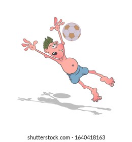 Cartoon goalkeeper catches a soccer ball. Vector illustration.