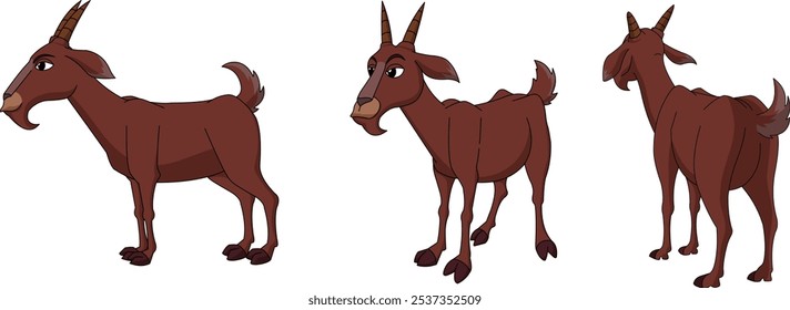 Vector de personaje de cabra de dibujos animados, lado de cabra, frente tres cuatro, atrás tres cuatro, marrón, Vector de personaje de cabra