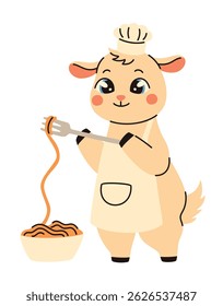 Cartoon goat chef in an apron preparing noodles. Flat vector illustration.