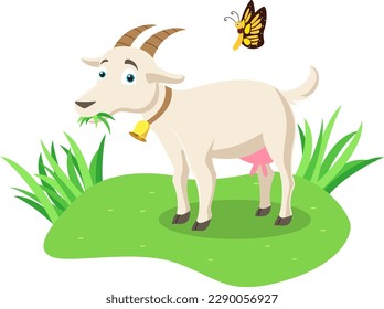 Cartoon goat eating grass on white background