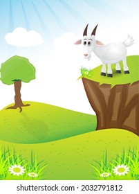 cartoon goat and landscpae, goat standing above the hill